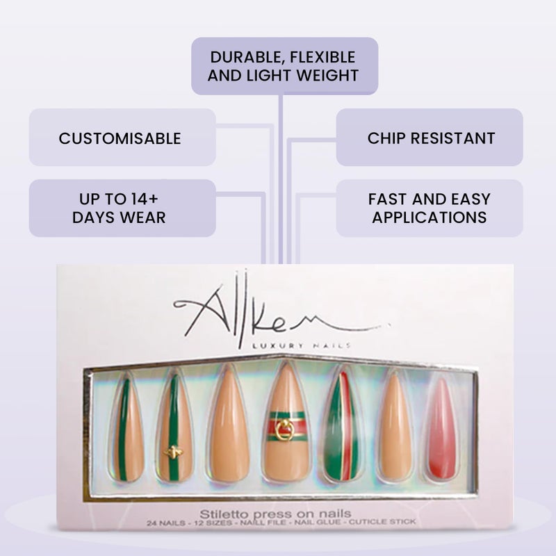Allkem Bee Stripe Sculpted Stiletto Press on Nails | Glossy Extra Long Stiletto| 10 sizes - 20 pcs Nail kit with Glue - Image 2